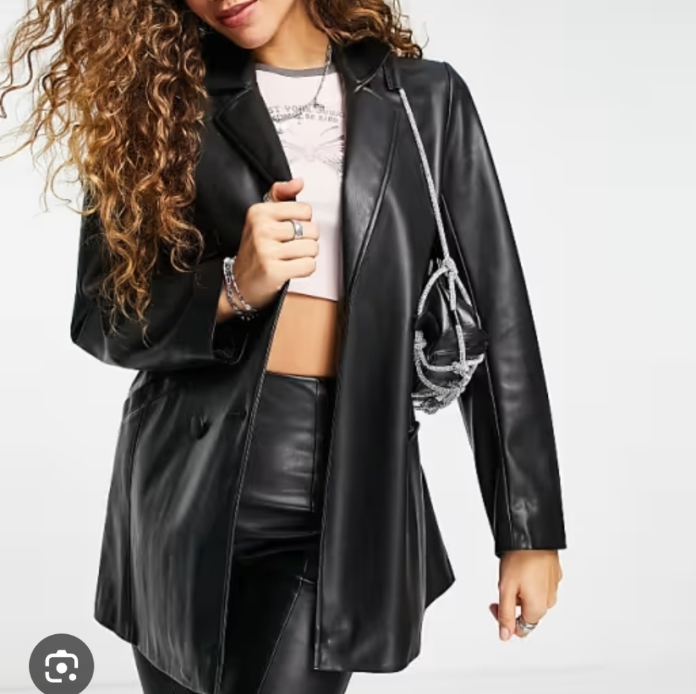 TOPSHOP Faux Leather Double-Breasted Blazer Jacket In Black. Size 6 - Picture 2 of 16